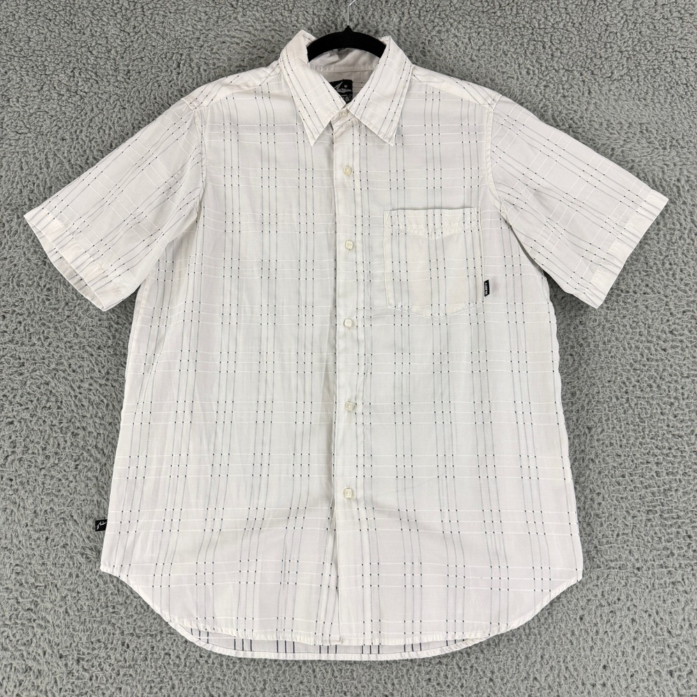 Rusty Short Sleeve Button Up Shirt Mens‎ Small White Grid Navy Blue Stripe Surf